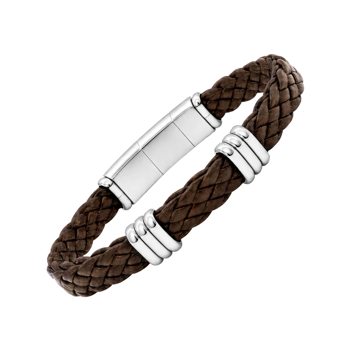 Angled view of a brown braided leather bracelet with silver-tone triple-ring accents and polished clasp