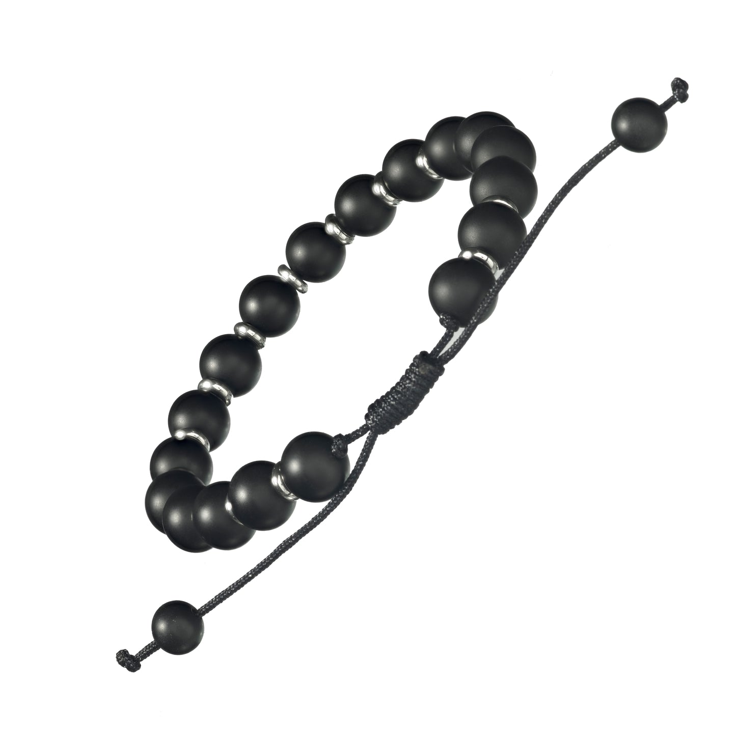 Matte Black Agate Bead Pull Cord Bracelet with Alternating Accent Beads