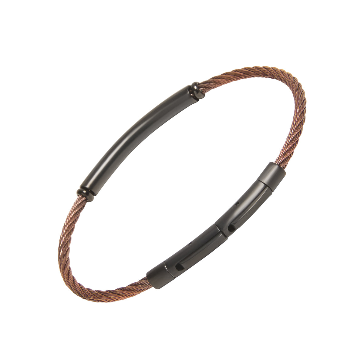 Two-tone copper twisted cable bracelet with a black PVD curved tube bar station and push-clasp closure.