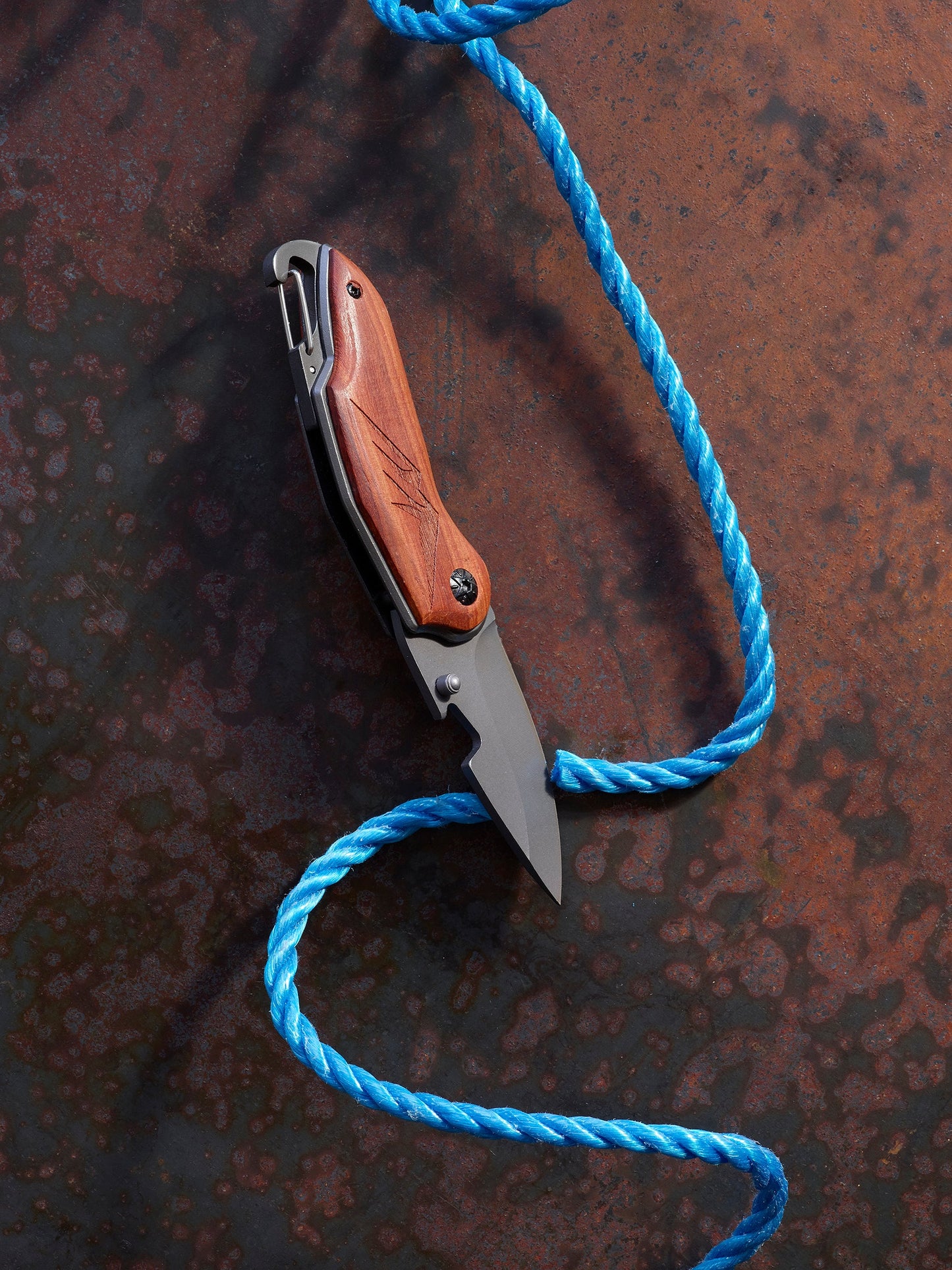 Folding Pocket Knife with Etched Mountain Silhouette Wood Handle