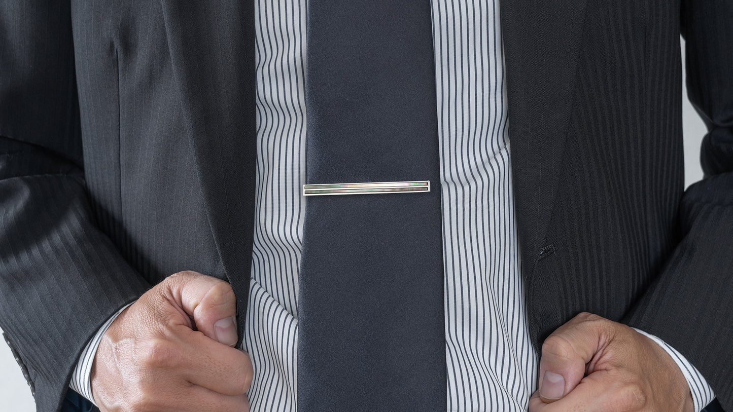 Abalone Strip Silver Tone Short Tie Bar