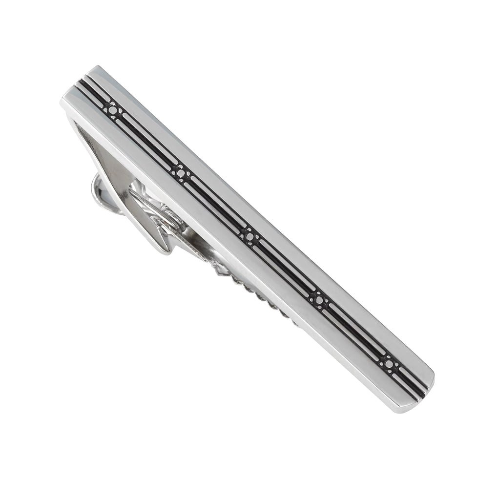 Black Square Etched Pattern Silver Tone Tie Bar