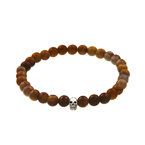 Gemstone Bead Elastic Bracelet with Silver Tone Skull