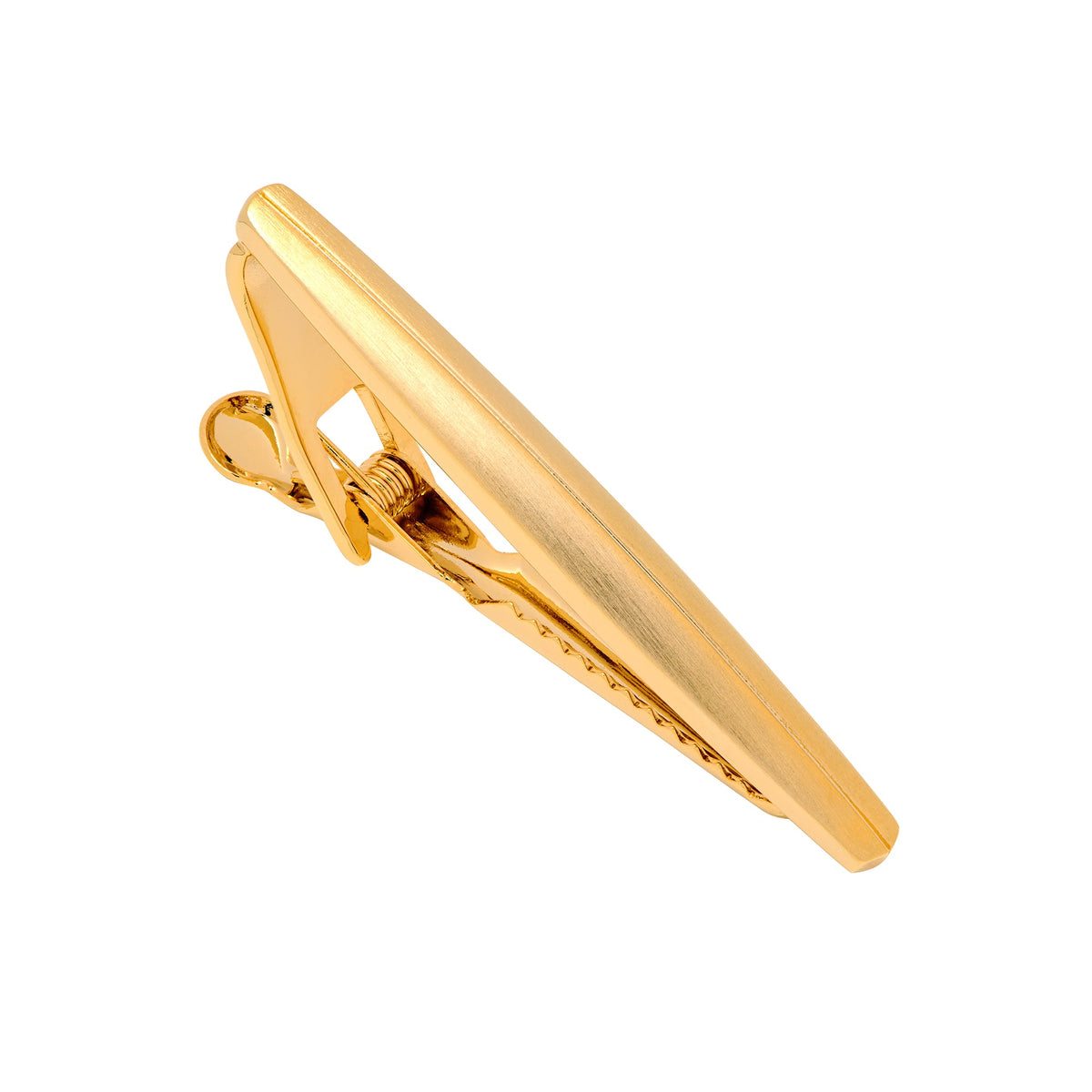 Slim gold-tone tie bar with matte brushed centre panel and serrated alligator-jaw spring clasp shown angled