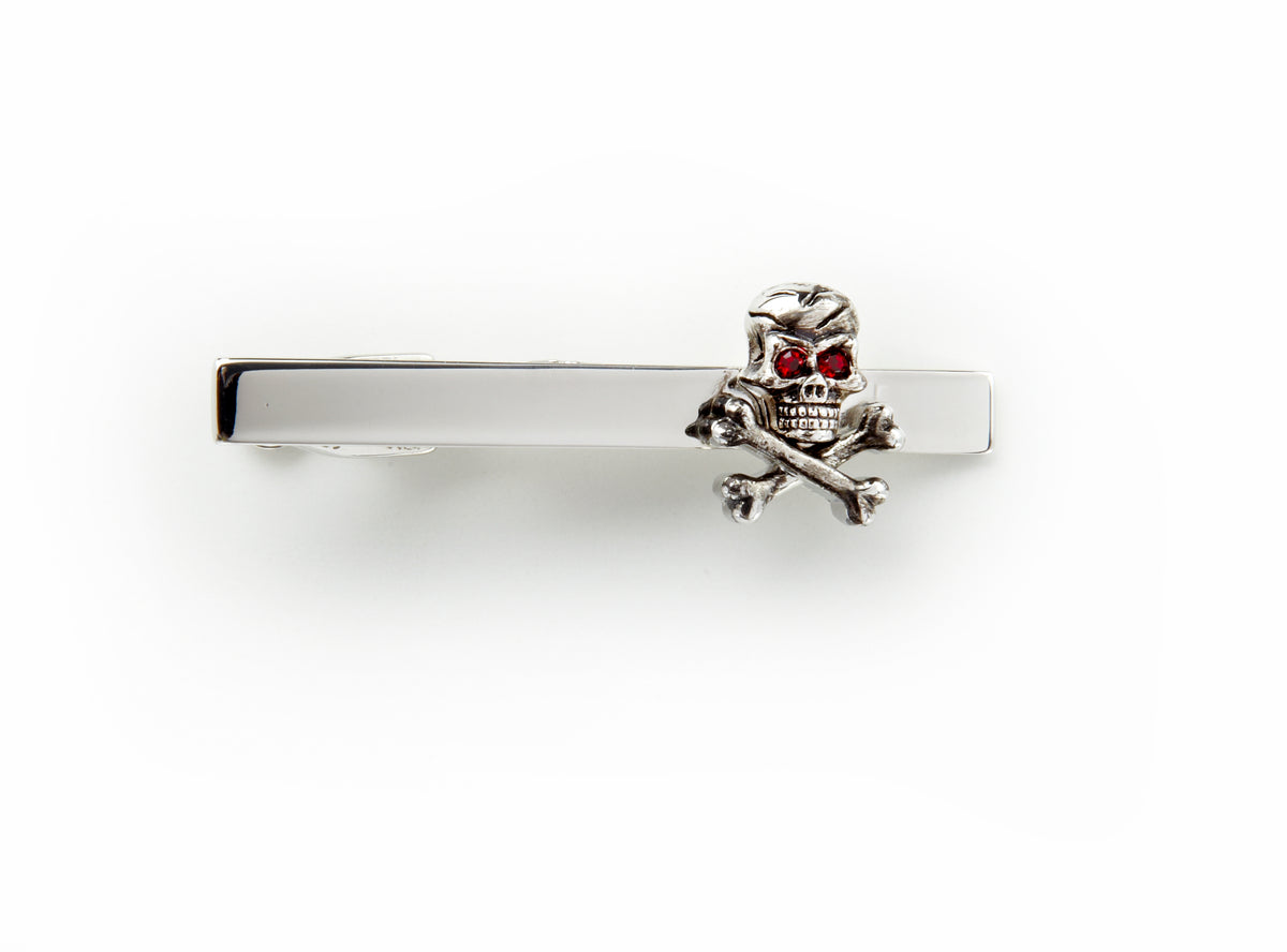 Skull and Crossbones with Red Crystal Tie Bar