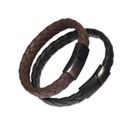 Black and dark brown wide-braid leather men's bracelets with matte black barrel magnetic clasps shown stacked together