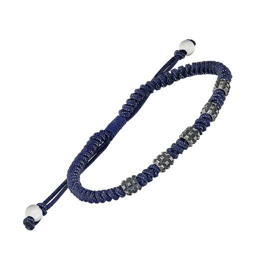 Navy blue adjustable macramé cord bracelet with gunmetal faceted rondelle beads and silver ball end pulls