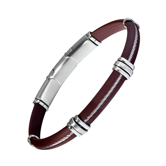 Dark brown rubber ID bangle bracelet with silver stainless steel cable accent and brushed silver bar clasp