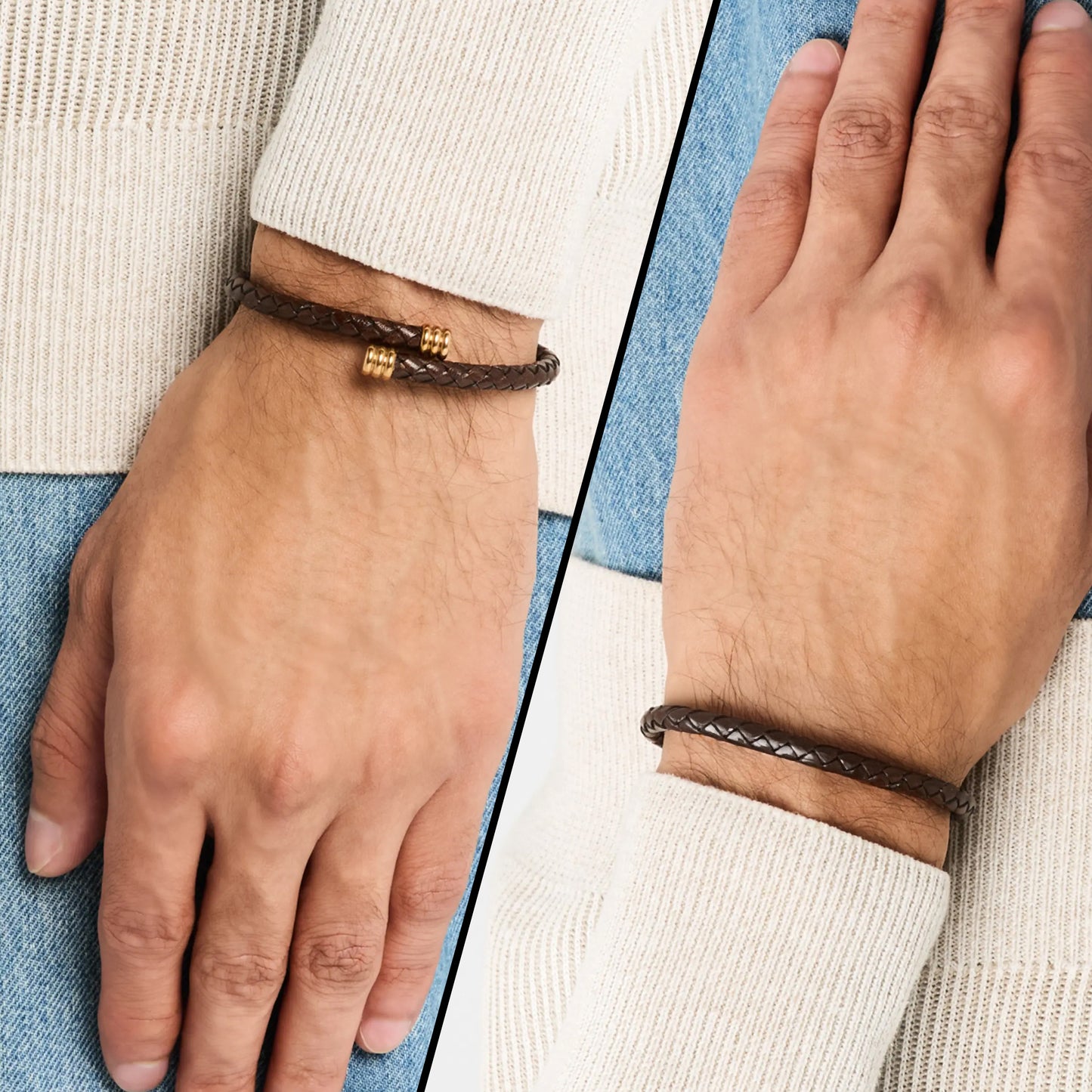 Flexible Braided Leather Bracelet with Stainless Steel