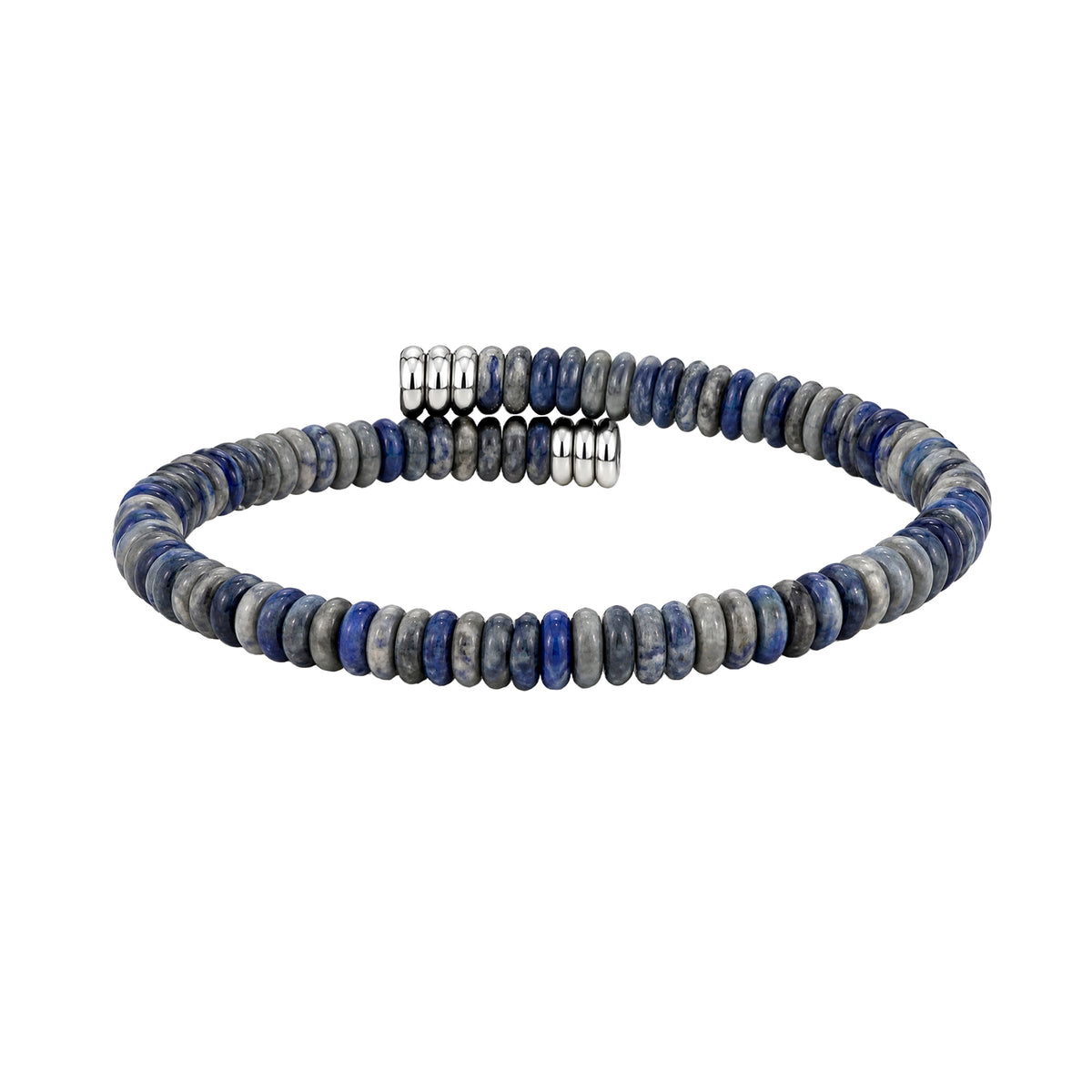 Blue and grey gemstone disc bead open bracelet with polished silver-tone end caps, men's casual accessory.