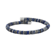 Blue and grey gemstone disc bead open bracelet with polished silver-tone end caps, men's casual accessory.
