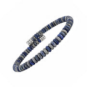 Side view of a blue and grey gemstone disc bead bracelet with polished silver-tone end caps, men's casual accessory.