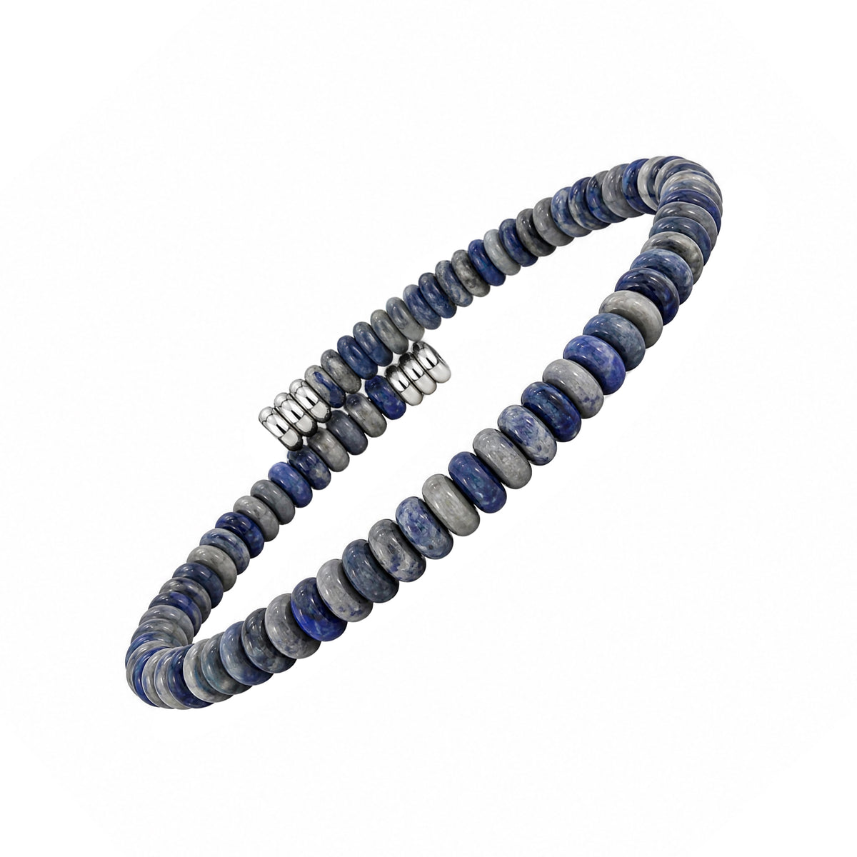 Side view of a blue and grey gemstone disc bead bracelet with polished silver-tone end caps, men's casual accessory.