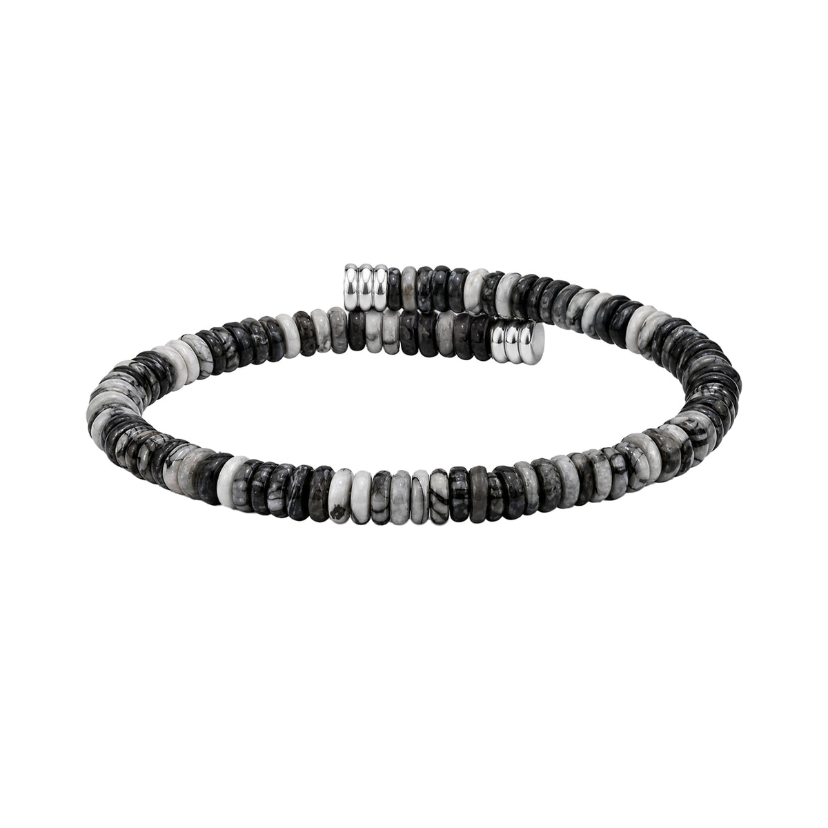 Black, grey and white stone disc bead open bracelet with marbled detailing and polished silver-tone end caps