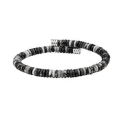 Black, grey and white stone disc bead open bracelet with marbled detailing and polished silver-tone end caps