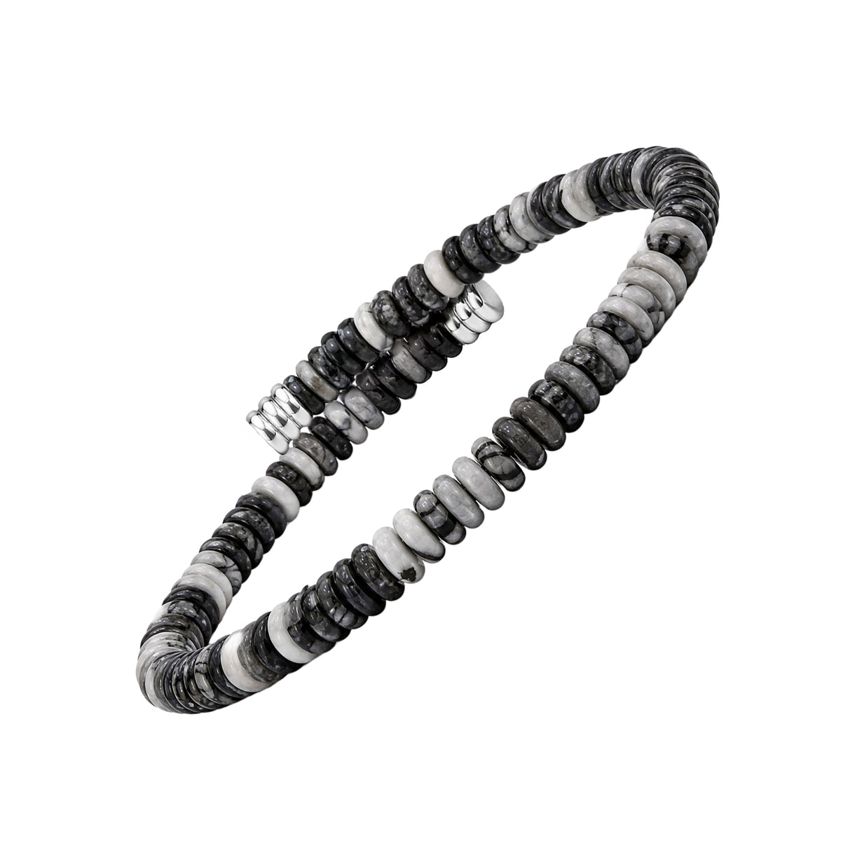 Angled view of a black, grey and white stone disc bead bracelet with marbled detailing and silver-tone end caps