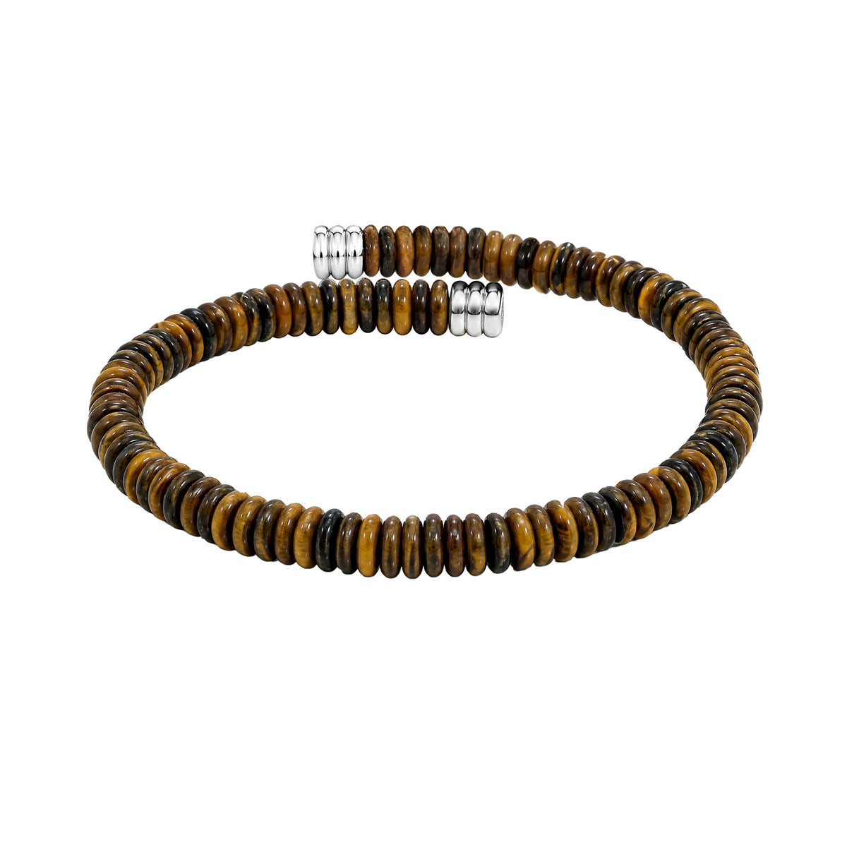 Brown and golden tiger’s-eye disc bead open bracelet with polished silver-tone end caps, men's casual accessory.
