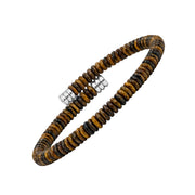 Side view of a brown and golden tiger’s-eye disc bead bracelet with silver-tone end caps, men's casual accessory