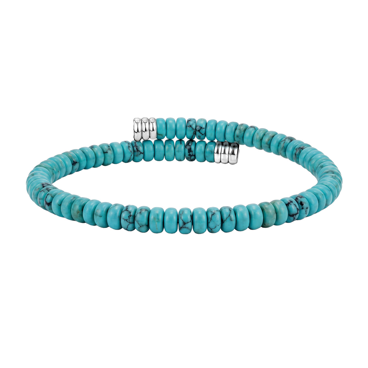 Turquoise-blue disc bead open bracelet with dark veining and polished silver-tone end caps, men's casual accessory
