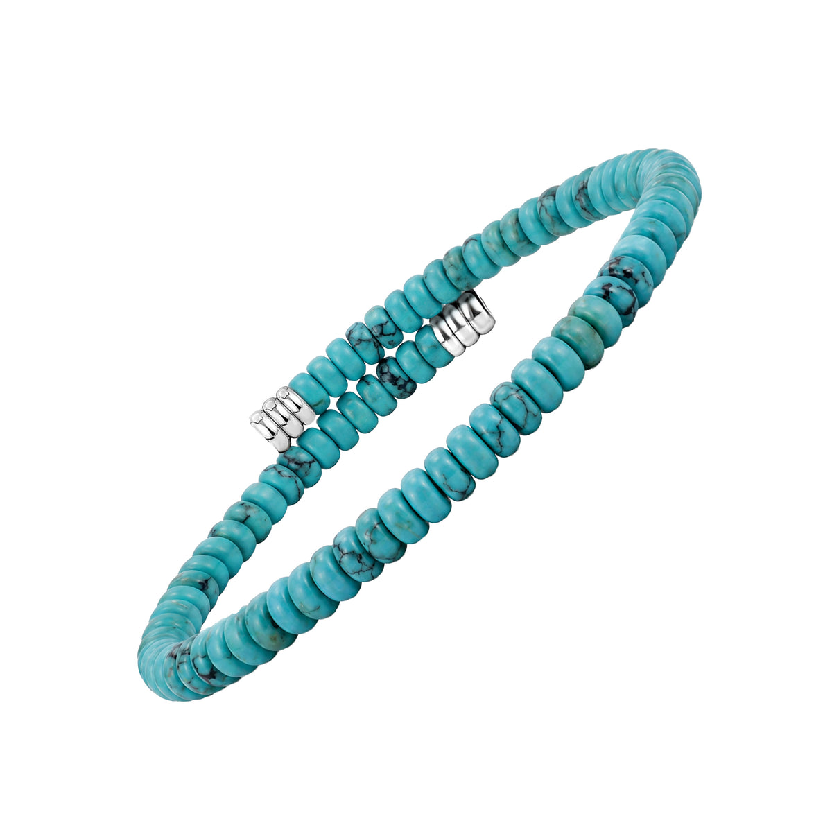 Turquoise-blue disc bead open bracelet with dark veining and polished silver-tone end caps