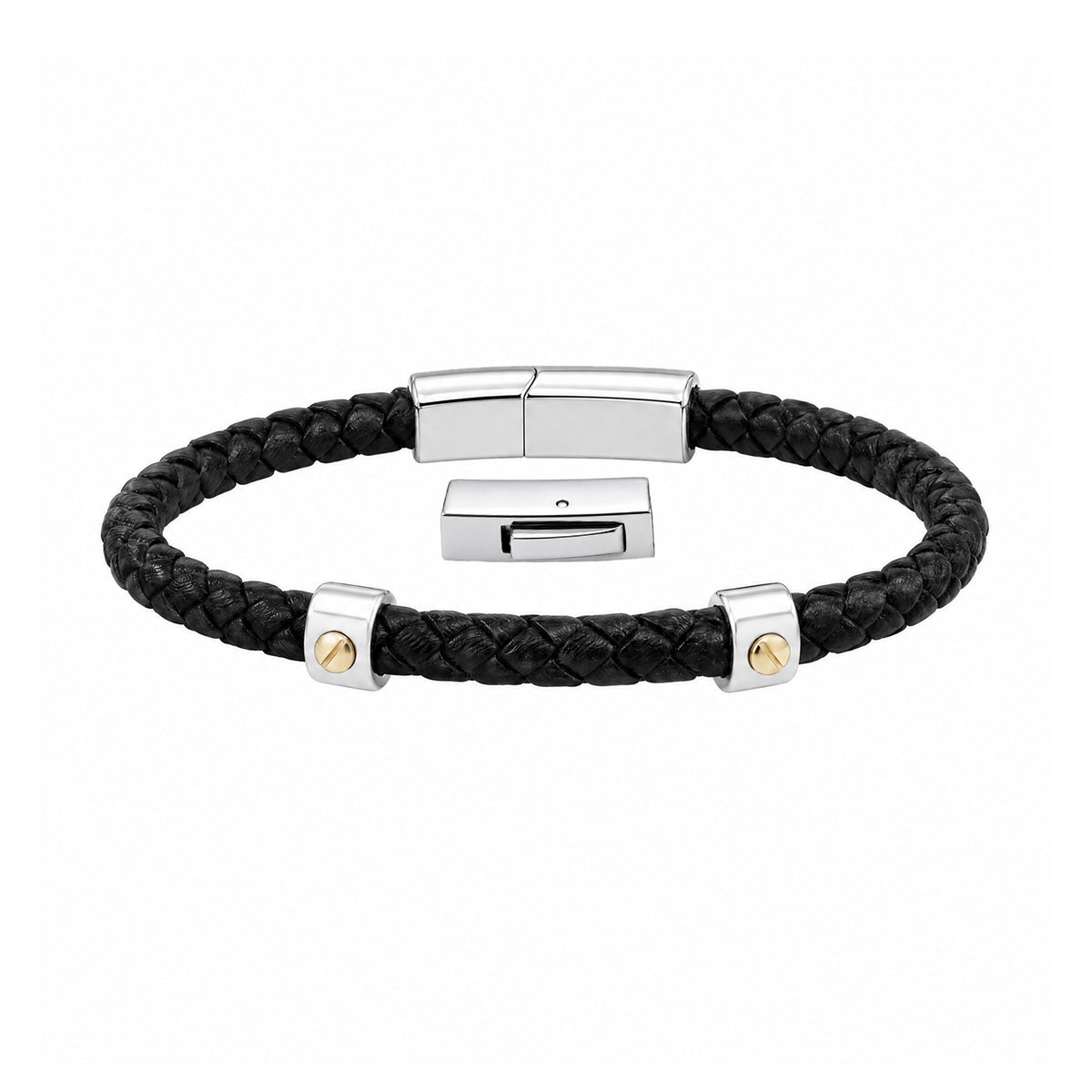 Black braided leather bracelet with silver-tone clasp and gold-tone accents