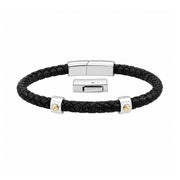 Black braided leather bracelet with silver-tone clasp and gold-tone accents