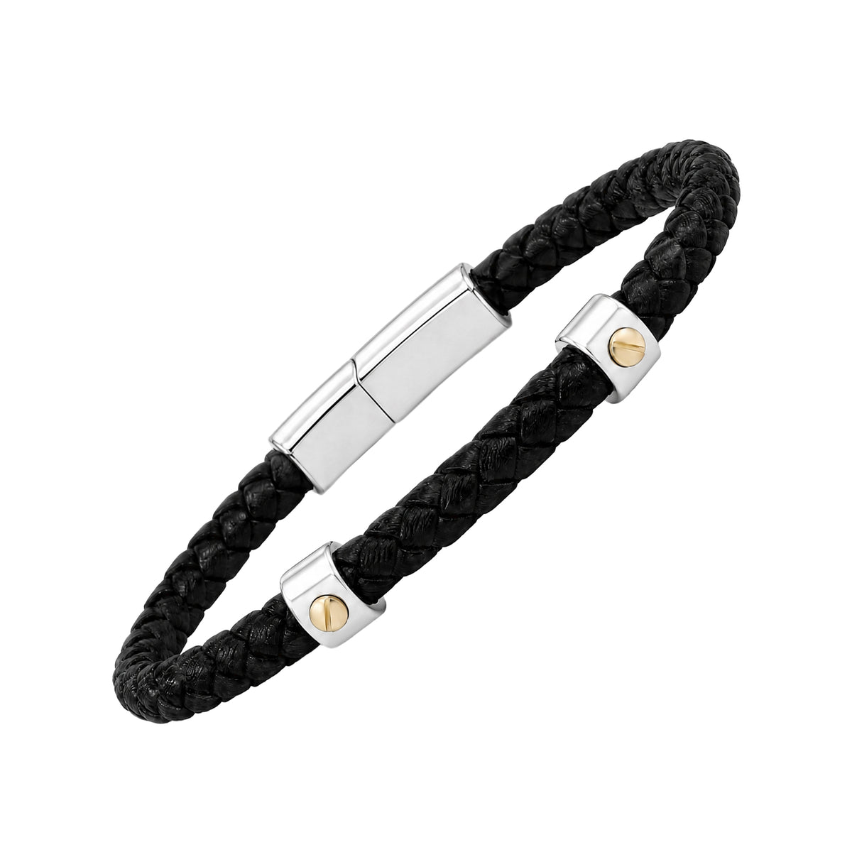 Black braided leather bracelet with silver-tone and gold-tone accents