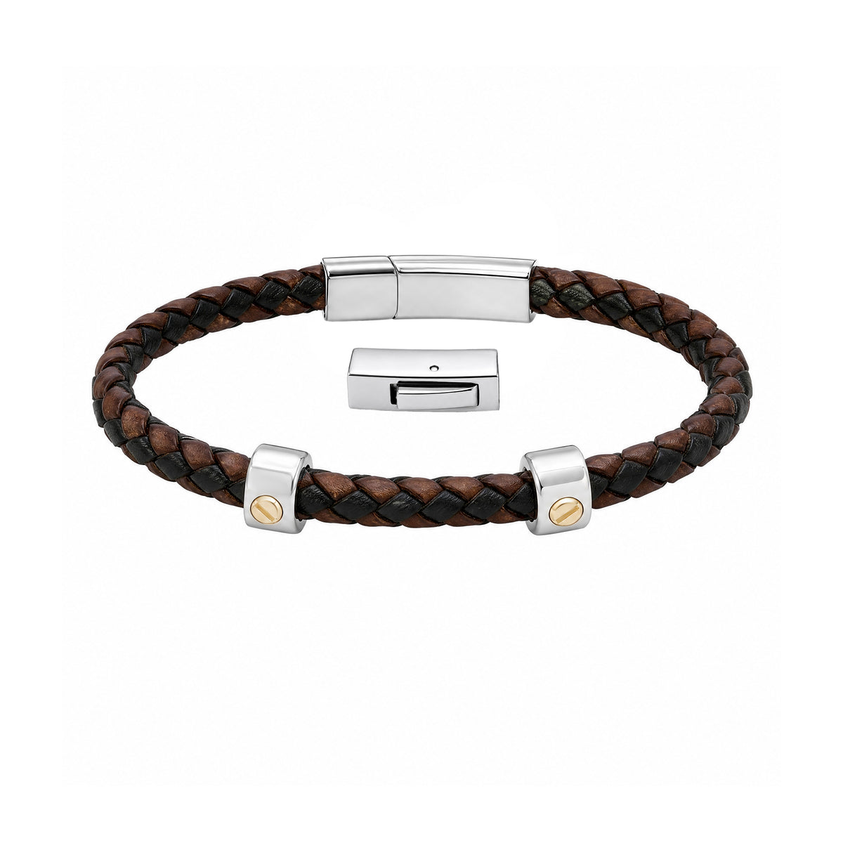 Black braided leather bracelet with silver-tone and gold-tone accents