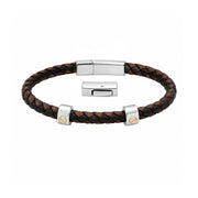 Black braided leather bracelet with silver-tone and gold-tone accents