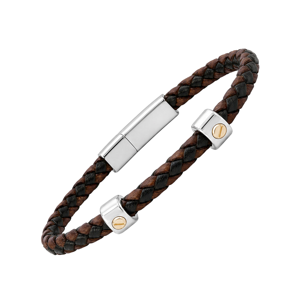  Dark brown and black braided leather bracelet with silver-tone clasp and gold-tone accents, men's casual accessory