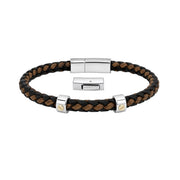 Black and tan-brown braided leather bracelet with silver-tone clasp and gold-tone accents, men's casual accessory