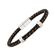 Black and tan-brown braided leather bracelet with silver-tone clasp and gold-tone accents