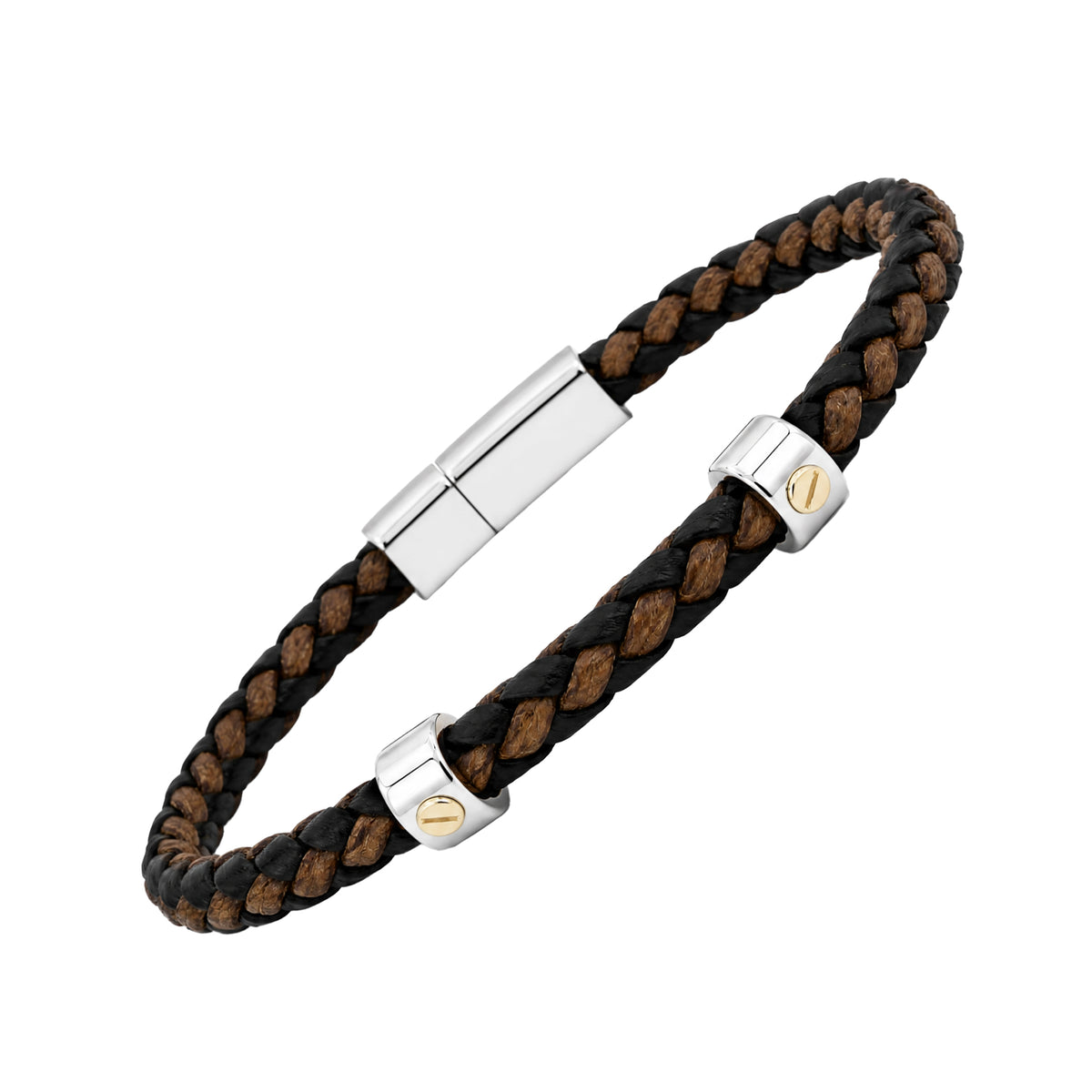 Black and tan-brown braided leather bracelet with silver-tone clasp and gold-tone accents