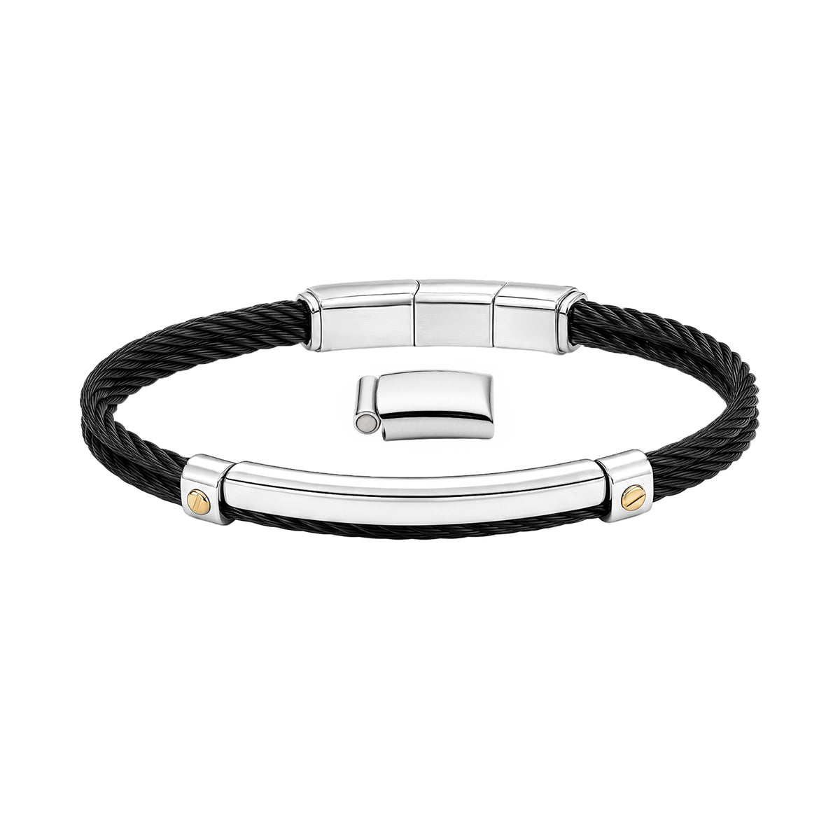 Black twisted cable bracelet with a silver-tone bar, gold-tone screw details and separate clasp segment, men's casual accessory