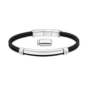 Black twisted cable bracelet with a silver-tone bar, gold-tone screw details and separate clasp segment, men's casual accessory