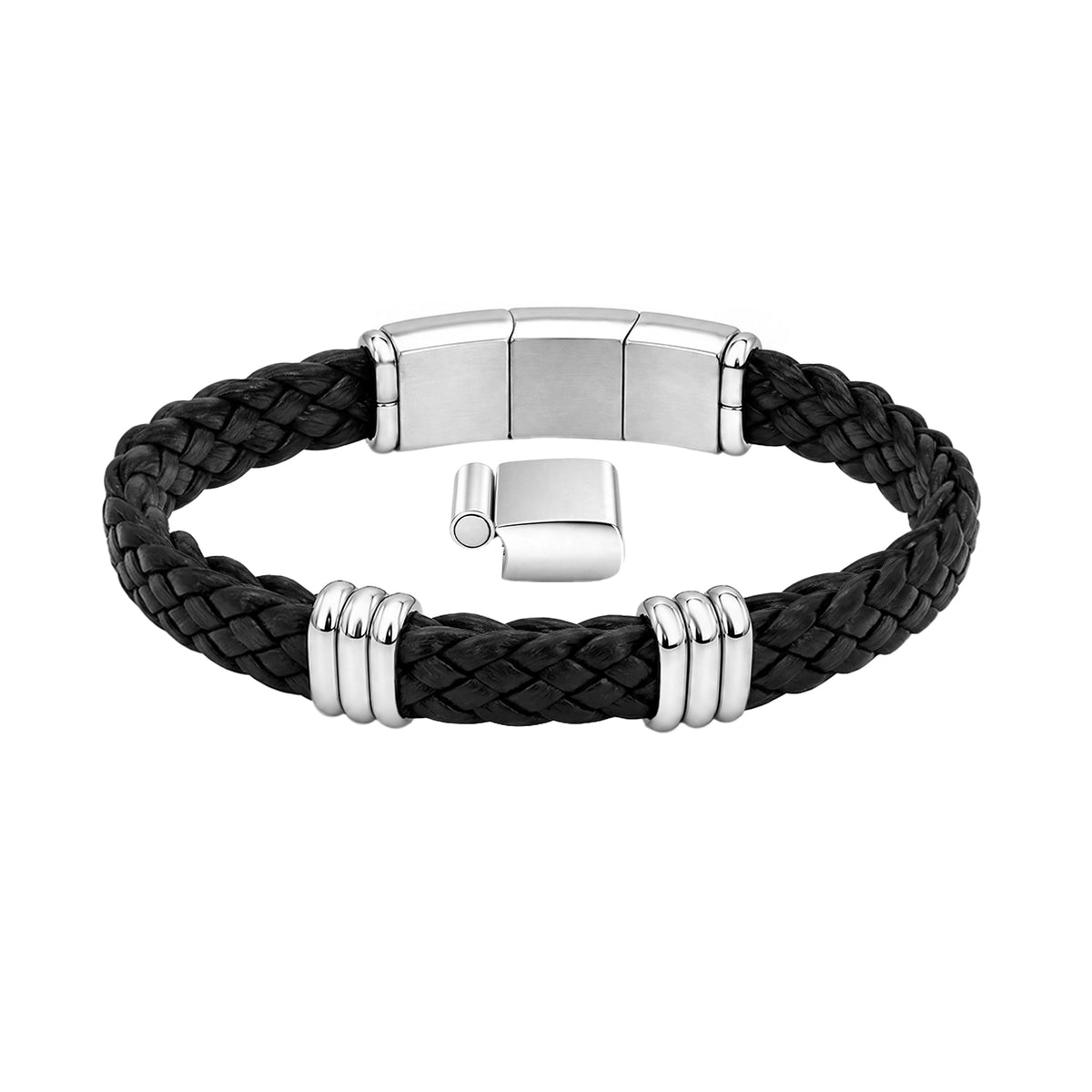  Black braided leather bracelet with silver-tone triple-ring accents and clasp, shown with a separate clasp segment