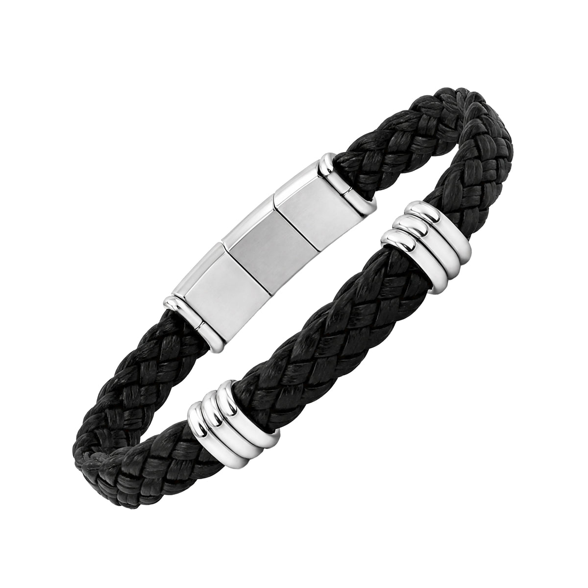 Angled view of a black braided leather bracelet with silver-tone triple-ring accents and polished clasp