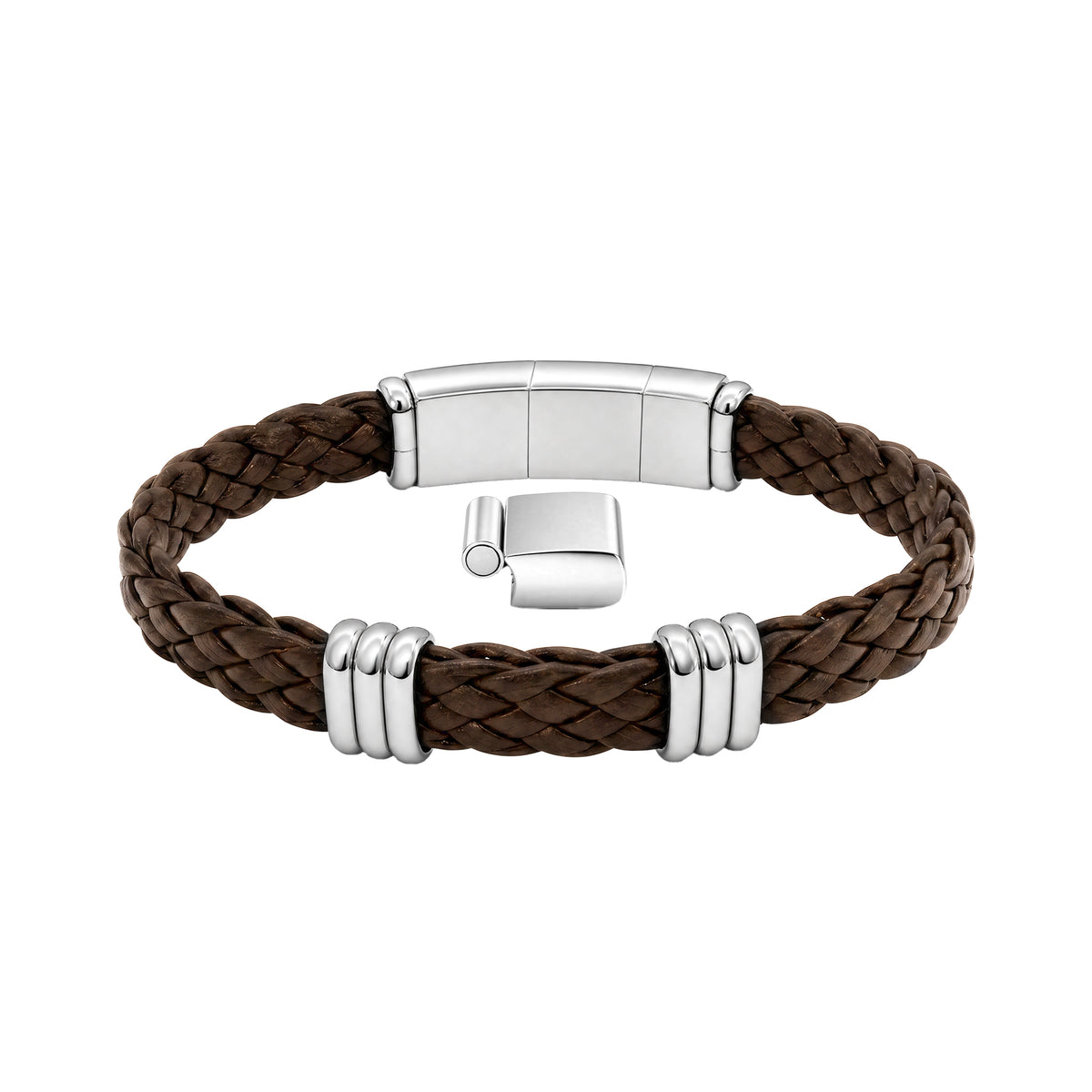 Brown braided leather bracelet with silver-tone triple-ring accents and clasp, shown with a separate clasp segment