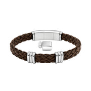 Brown braided leather bracelet with silver-tone triple-ring accents and clasp, shown with a separate clasp segment