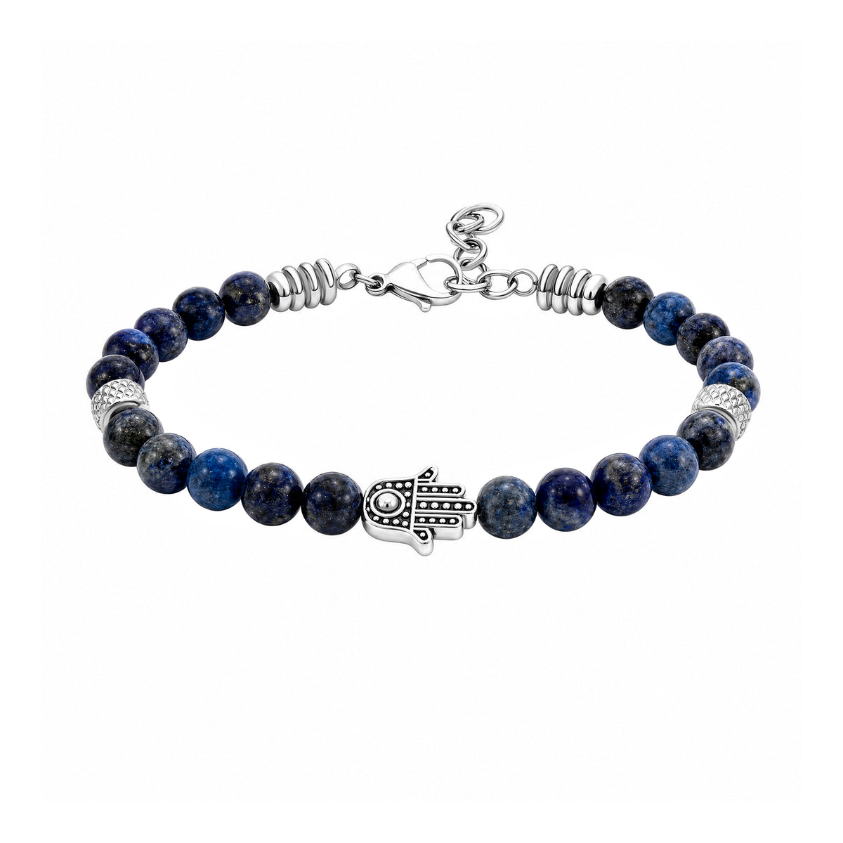 Blue and grey stone bead bracelet with a silver-tone Hamsa hand, textured spacers and adjustable lobster clasp