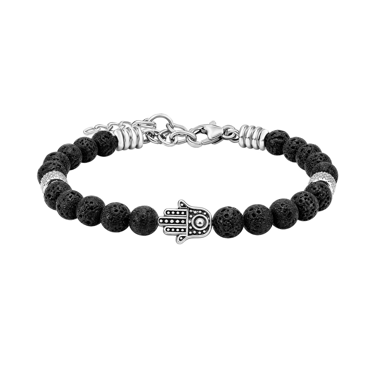 Black lava stone bead bracelet with a silver-tone Hamsa hand, textured spacers and adjustable lobster clasp
