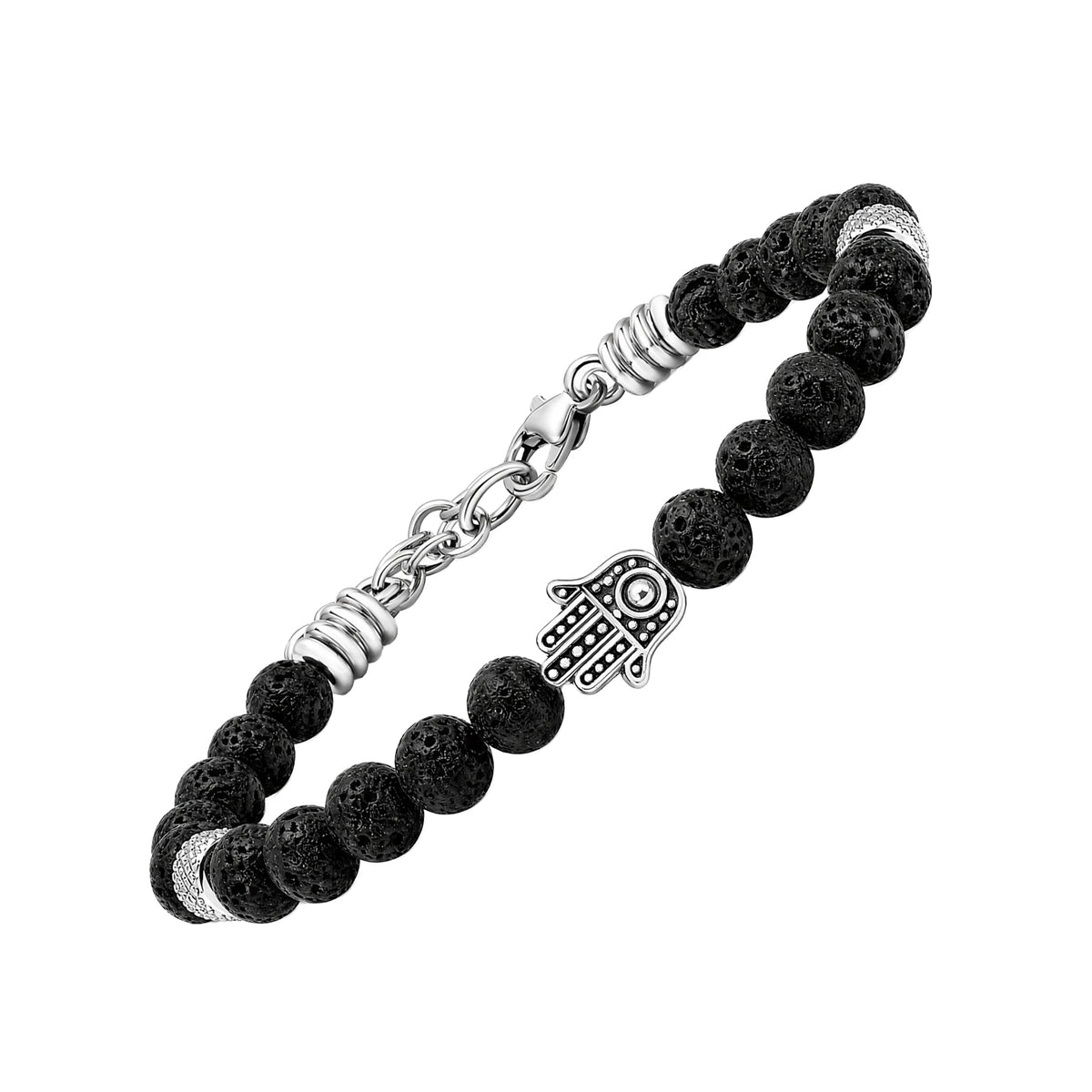 Angled view of a black lava stone bead bracelet with a silver-tone Hamsa hand centerpiece and textured spacers
