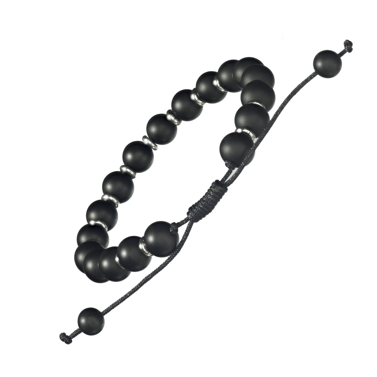 Matte Black Agate Bead Pull Cord Bracelet with Alternating Accent Beads