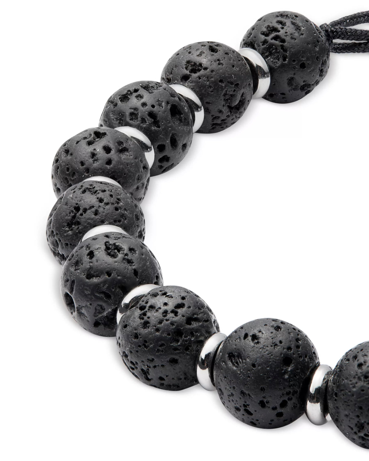 Close-up of black lava stone beaded men's bracelet with silver disc spacers and adjustable black cord