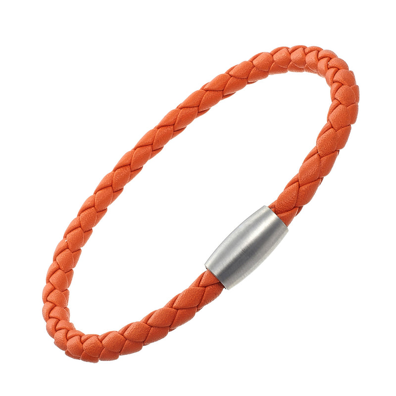 Men's Leather Cord Bracelet with Magnetic Closure (Orange)
