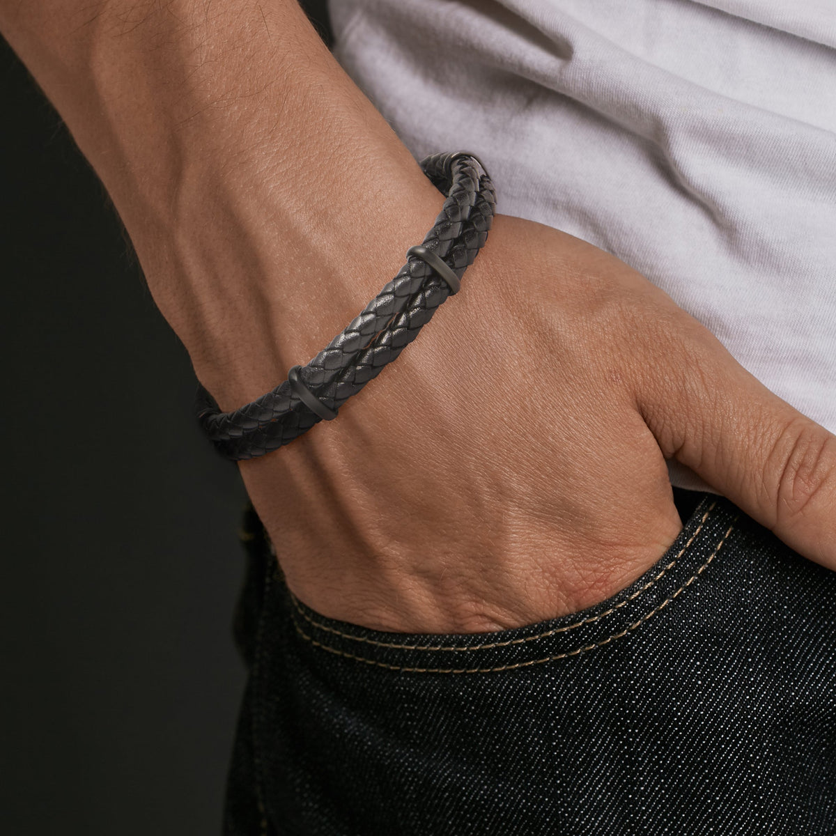 Double Braid Leather Bracelet with Stainless Accents