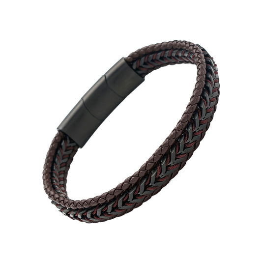 Dark brown double-strand braided leather bracelet with black herringbone weave center and matte black magnetic clasp