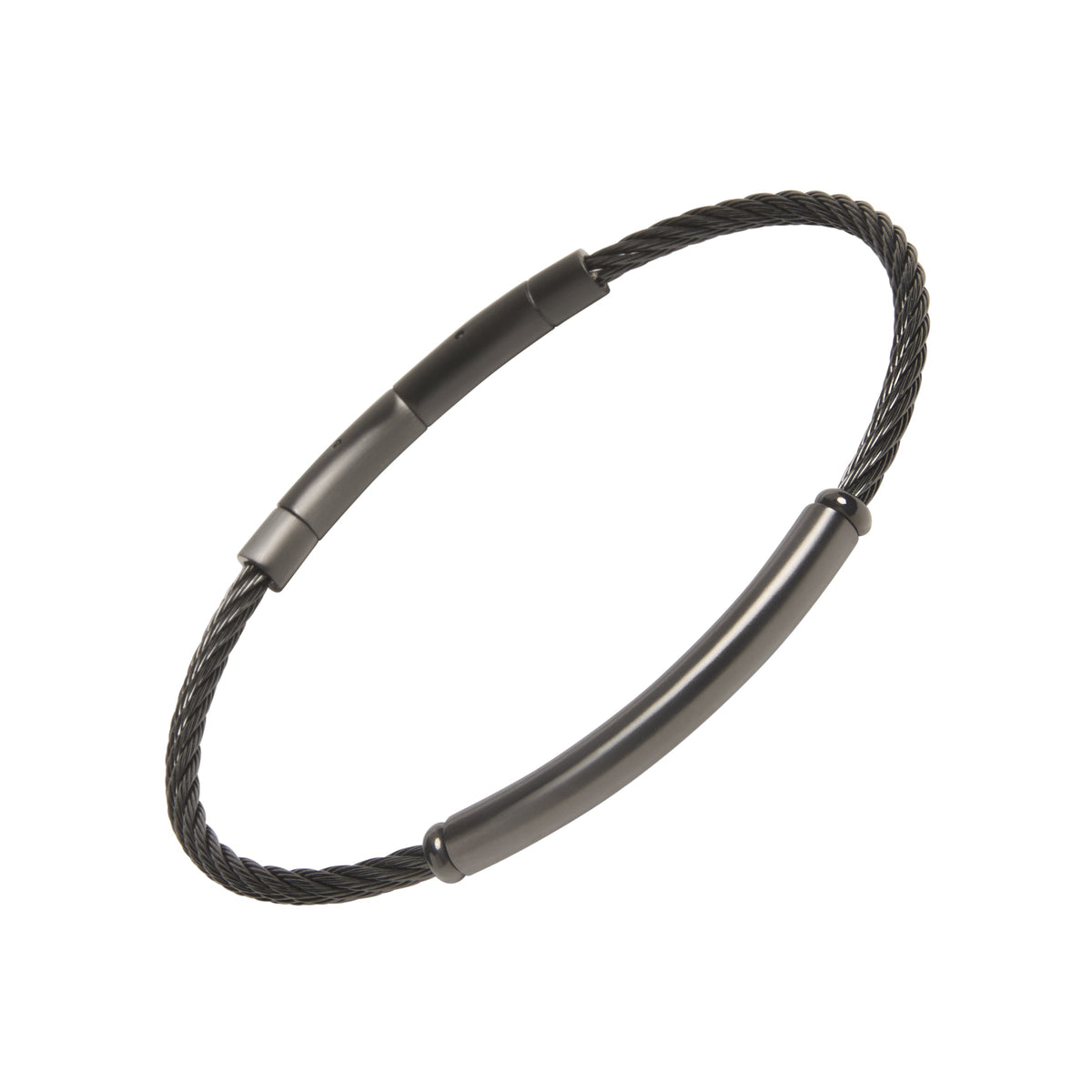 Black PVD-coated twisted cable wire bracelet with three smooth gunmetal tube bar stations.