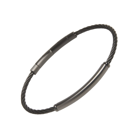 Black PVD-coated twisted cable wire bracelet with three smooth gunmetal tube bar stations.