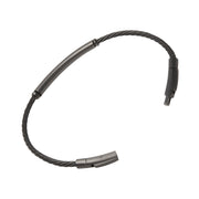 Black twisted cable bracelet with a gunmetal tube bar station, showing the secure push-pin clasp detail.
